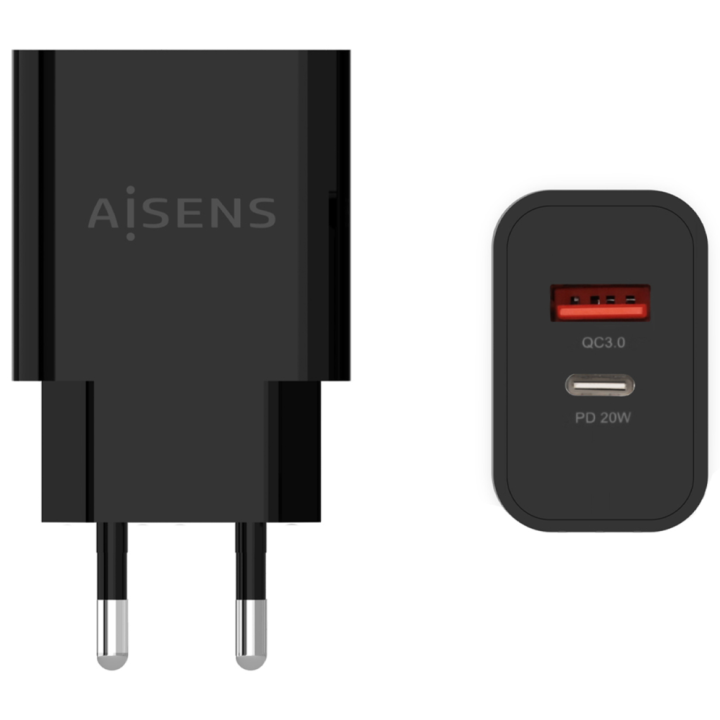 CARGADOR AISENS 20W 1xUSB-C PD3.0 1xUSB-A QC3.0 NEGRO