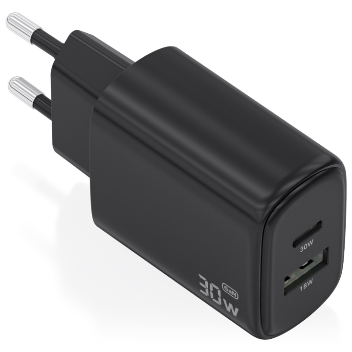 CARGADOR AISENS GAN 30W 1XUSB-C PD3.0 QC4.0 1XUSB-A QC3.0 NEGRO