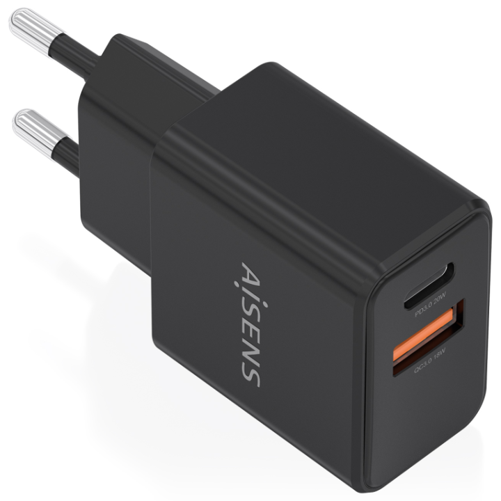 CARGADOR AISENS GaN 20W 1xUSB-C PD3.0 1xUSB-A QC3.0 NEGRO