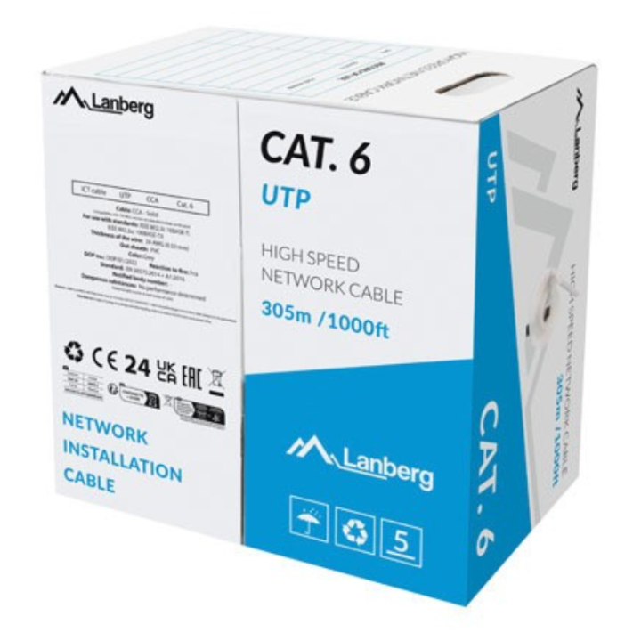 BOBINA CABLE DE RED LANBERG UTP RJ45 CAT.6 SOLIDO CCA 305M GRIS FLUKE PASSED CF