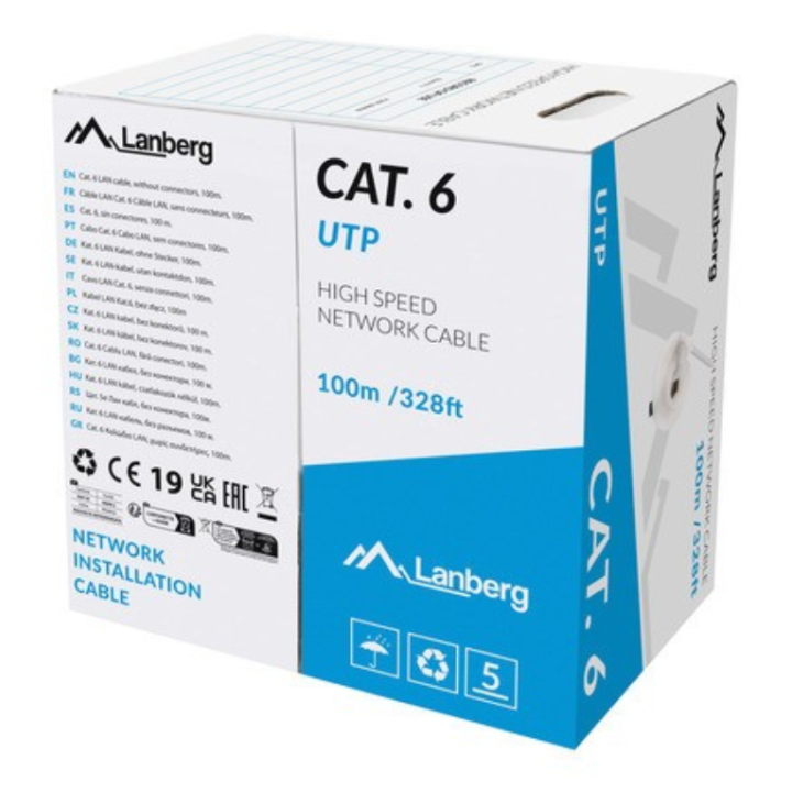 BOBINA CABLE DE RED LANBERG RJ45 CAT.6 UTP SOLIDO CU CPR 100M GRIS FLUKE PASSED