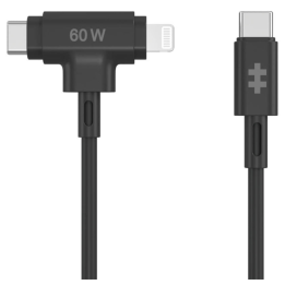 HYPER SILICONE USB-C TO USB-C AND LIGHTNING HYBRID 60W CABLE - BLACK