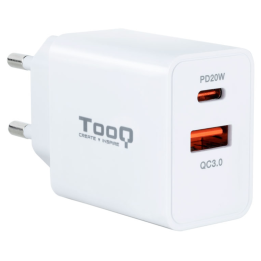 CARGADOR PARED TOOQ USB-C/PD 20W, USB-A/QC 18W BLANCO