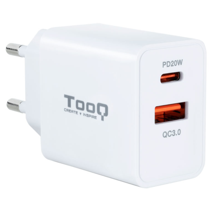 CARGADOR PARED TOOQ USB-C/PD 20W, USB-A/QC 18W BLANCO
