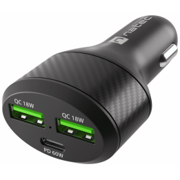 CARGADOR COCHE NATEC CONEY 2XUSB, 1XUSB-C QC3.0, PD 3.0 84W NEGRO
