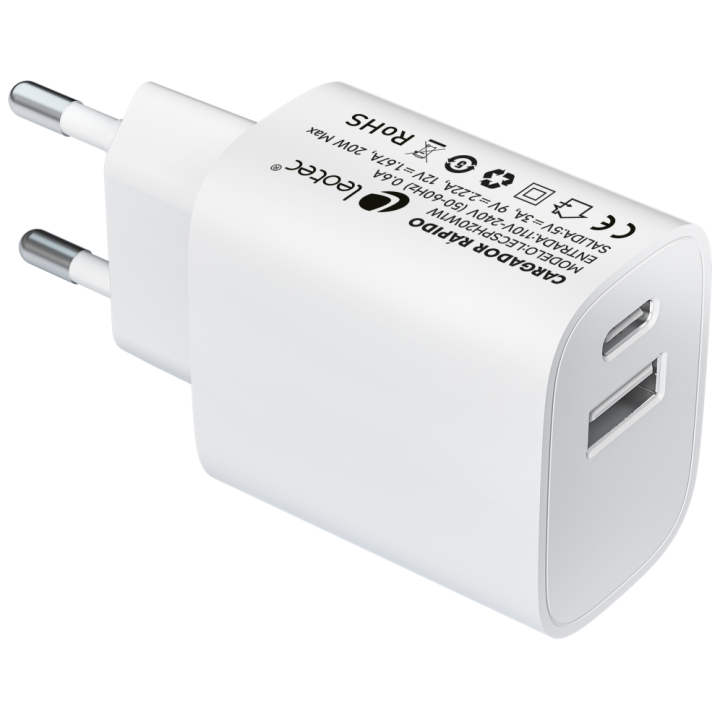 LEOTEC CARGADOR 20W CARGA RAPIDA 1 USB TIPO-C PD 1 USB-A BLANCO