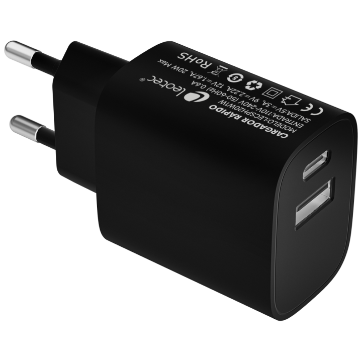 LEOTEC CARGADOR 20W CARGA RAPIDA 1 USB TIPO-C PD 1 USB-A NEGRO