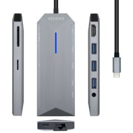 HUB AISENS 9 EN 1 USB-C DOCK HDMI RJ45 3xUSB PD AUDIO SD MICRO SD GRIS 15CM