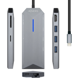 HUB AISENS USB-C DOCK 8 EN 1 USB-C 1xHDMI 1xRJ45 3xUSB 1xPD 1xSD 1xMICR-SD 15CM