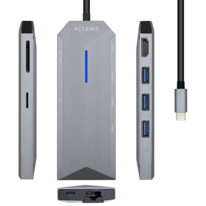 HUB AISENS USB-C DOCK 8 EN 1 USB-C 1xHDMI 1xRJ45 3xUSB 1xPD 1xSD 1xMICR-SD 15CM