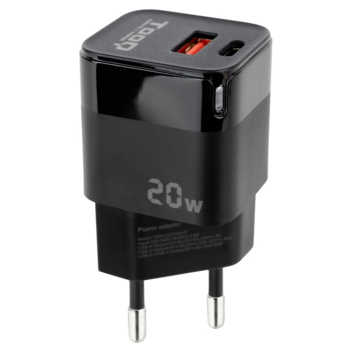 CARGADOR DE PARED TOOQ USB-C/PD + USB-A/QC 20W NEGRO
