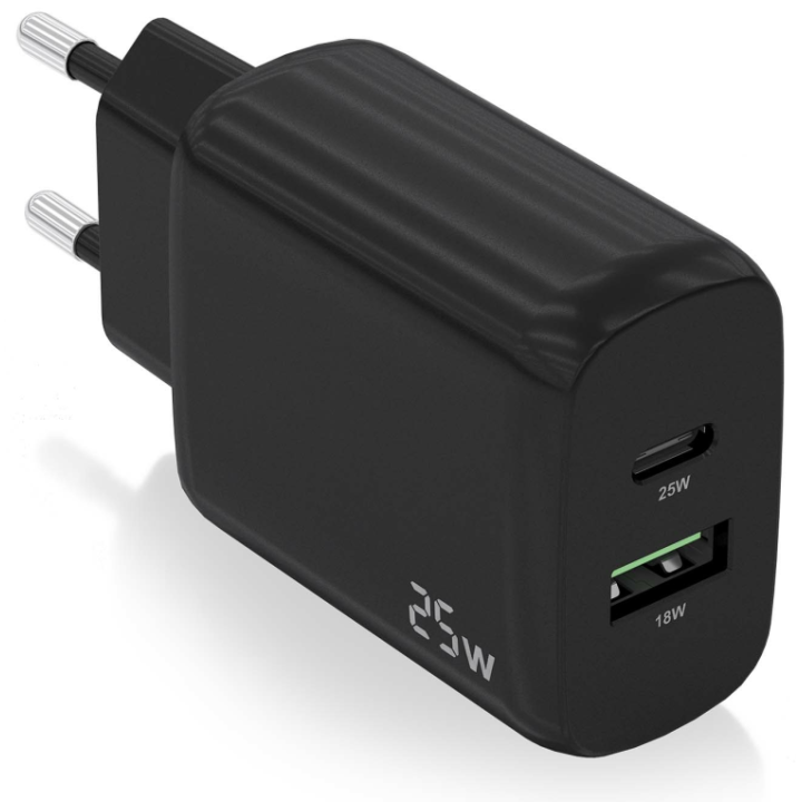 CARGADOR AISENS 25W 1XUSB-C PD3.0 1XUSB-A QC3.0 NEGRO