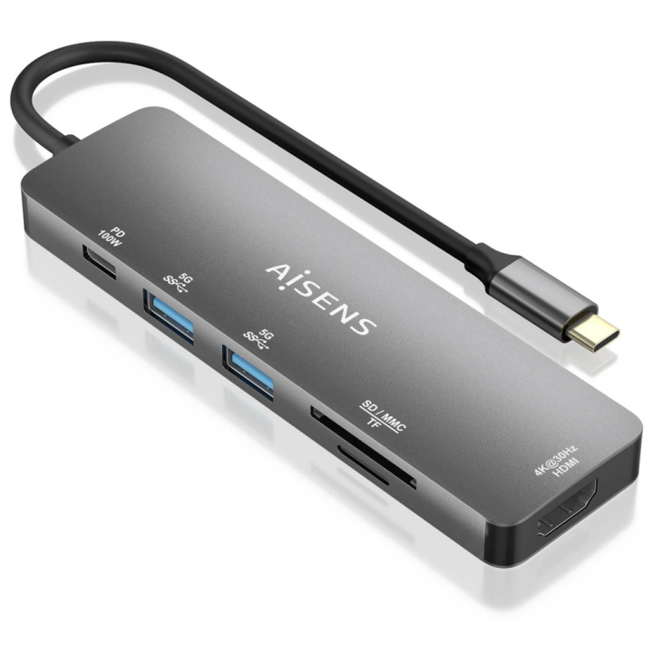 USB-C DOCK AISENS 6 EN 1 USB-C A 1XHDMI 2XUSB-A 1XUSB-C PD 100W 15CM