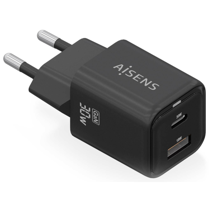 CARGADOR AISENS GAN 30W 1XUSB-C PD3.0 QC4.0 1XUSB-A QC3.0 NEGRO