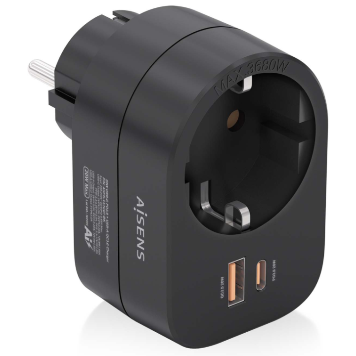REGLETA PARED AISENS 1 TOMA USB-C 20W PD3.0 USB-A 20W QC3.0 NEGRO