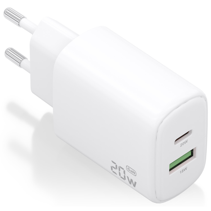 CARGADOR AISENS GAN 20W, 1XUSB-C PD3.0, 1XUSB-A QC3.0, BLANCO