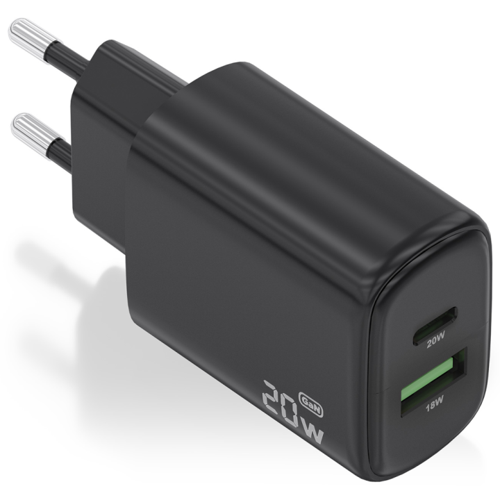 CARGADOR AISENS GAN 20W, 1XUSB-C PD3.0, 1XUSB-A QC3.0, NEGRO