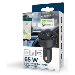 CARGADOR RAPIDO PARA COCHE GEMBIRD USB DE 2 PUERTOS, TIPO C PD, LCD, 65 W,NEGRO