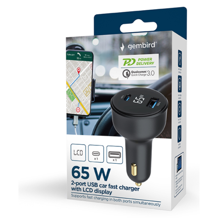 CARGADOR RAPIDO PARA COCHE GEMBIRD USB DE 2 PUERTOS, TIPO C PD, LCD, 65 W,NEGRO