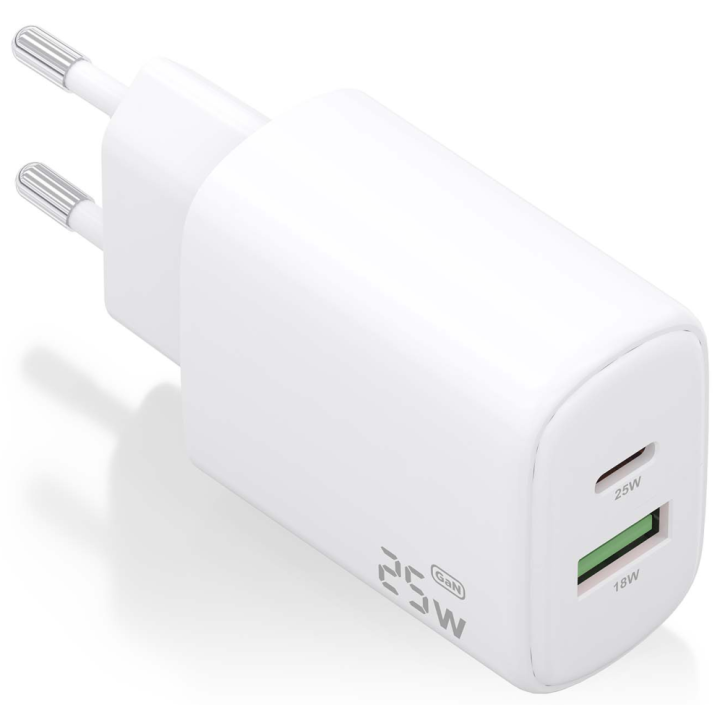 CARGADOR AISENS GAN 25W, 1XUSB-C PD3.0, 1XUSB-A QC3.0, BLANCO