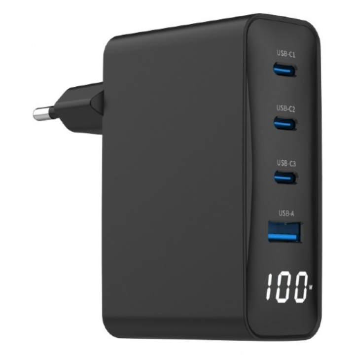 CARGADOR RAPIDO GEMBIRD USB GAN DE 4 PUERTOS 100 W LCD NEGRO