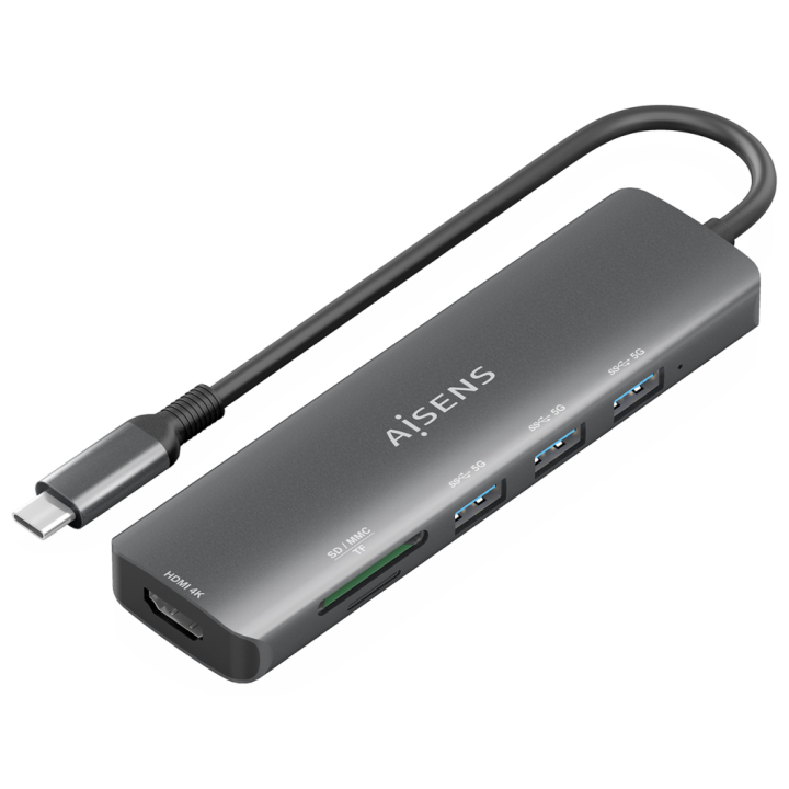 USB-C DOCK AISENS 6 EN 1 USB-C A 1XHDMI 3XUSB-A 1XSD 1XMICRO SD 15CM