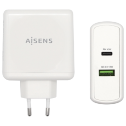 CARGADOR 48W AISENS 1xUSB-C PD3.0 30W 1xUSB-A QC3.0 18W BLANCO