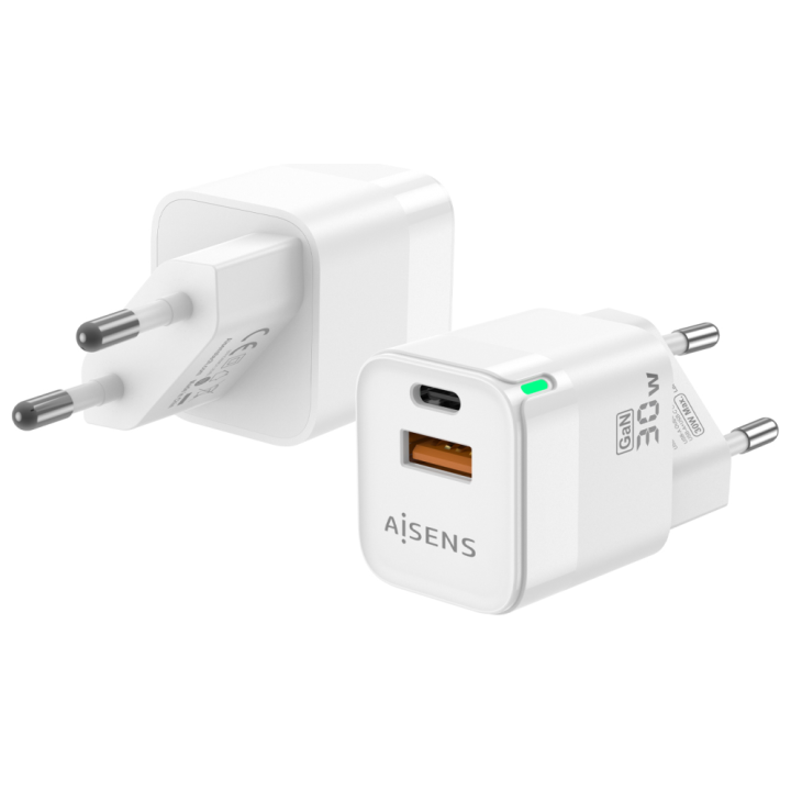 CARGADOR GAN AISENS 30W 1XUSB-C PD3.0 QC4.0 1XUSB-A QC3.0 BLANCO