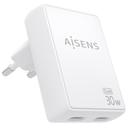 CARGADOR AISENS GAN PARED ULTRA DELGADO 30W 2XUSB-C PD3.0 QC4.0 BLANCO