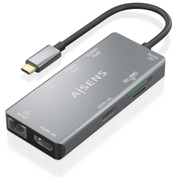 HUB AISENS USB-C DOCK 9 EN 1 USB-C 2XHDMI RJ45 2XUSB-A 3.0 USB-A 2.0 PD