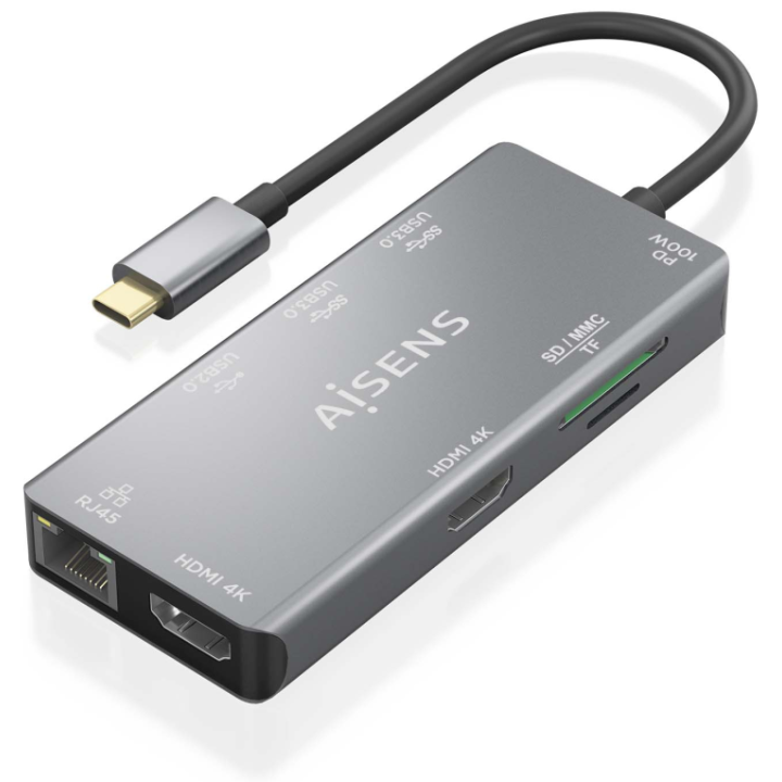 HUB AISENS USB-C DOCK 9 EN 1 USB-C 2XHDMI RJ45 2XUSB-A 3.0 USB-A 2.0 PD