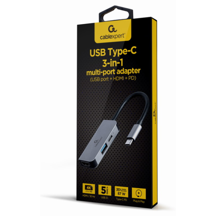 ADAPTADOR MULTIPUERTO USB TIPO C 3 EN 1 PUERTO USB HDMI PD PLATA