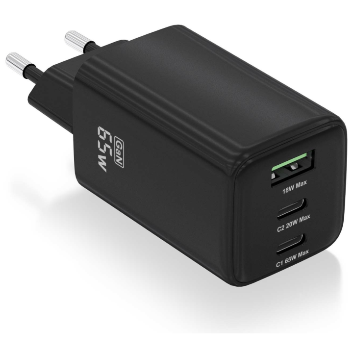 CARGADOR AISENS GAN 65W 2XUSB-C PD3.0 QC4.0 1XUSB-A QC3.0 NEGRO