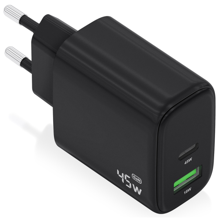 CARGADOR AISENS GAN 45W 1XUSB-C PD3.0 QC4.0 1XUSB-A QC3.0 NEGRO