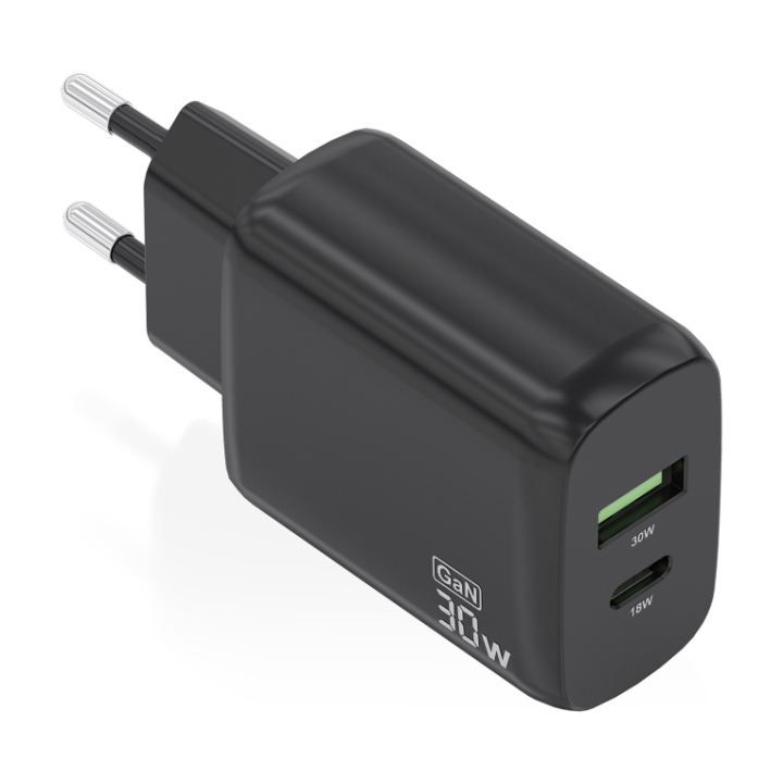 CARGADOR AISENS GAN 30W, 1XUSB-C PD3.0 QC4.0, 1XUSB-A QC3.0, NEGRO