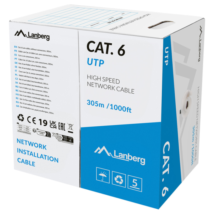 BOBINA CABLE DE RED LANBERG UTP CAT.6 SOLIDO CU LSZH CPR 305M GRIS FLUKE PASSED