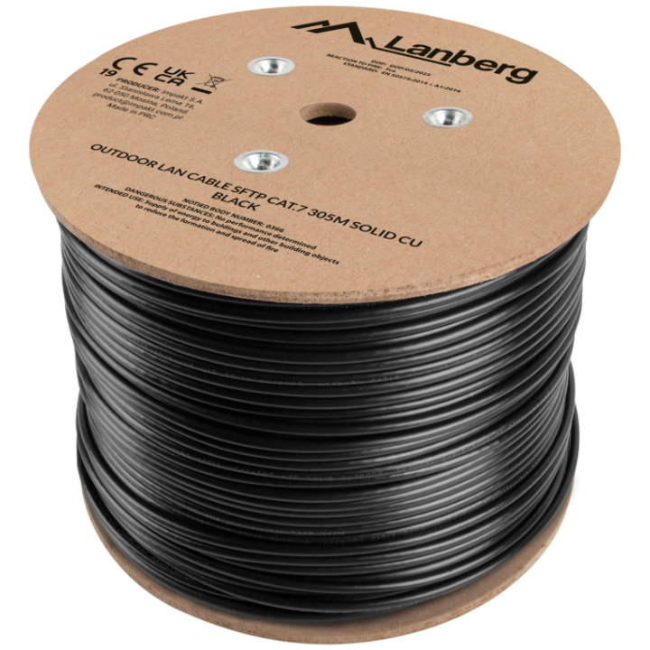 BOBINA CABLE DE RED LANBERG EXTERIOR SFTP RJ45 CAT.7 SOLIDO CU 305M NEGRO FLUKE PASSED