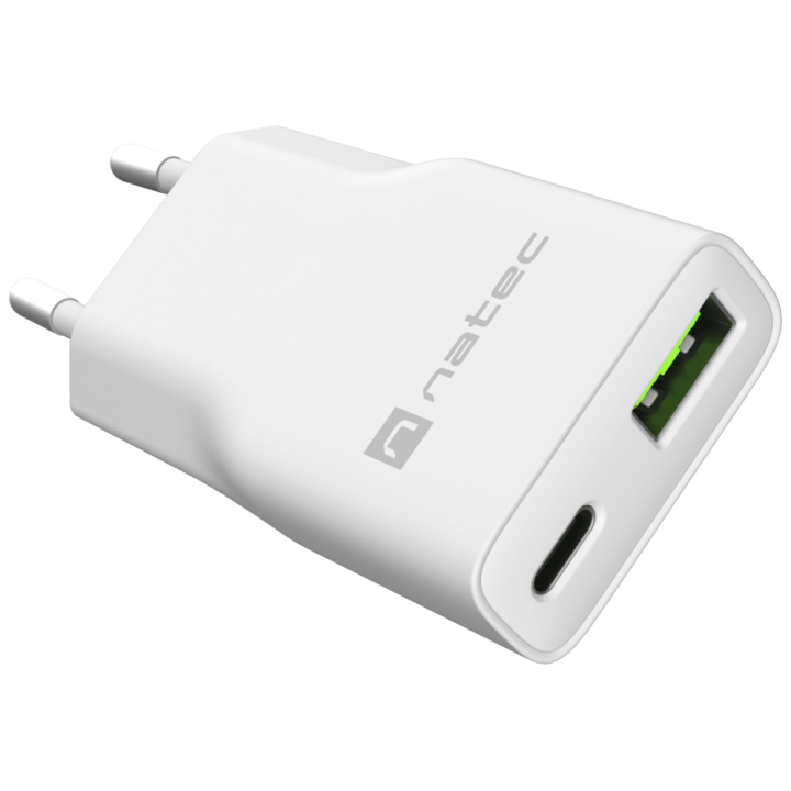 CARGADOR NATEC RIBERA SLIM 20W 1XUSB-A + 1xUSB-C PD3.0 QC3.0 PROTECCION OVP,OCP,SCP Y OTP BLANCO