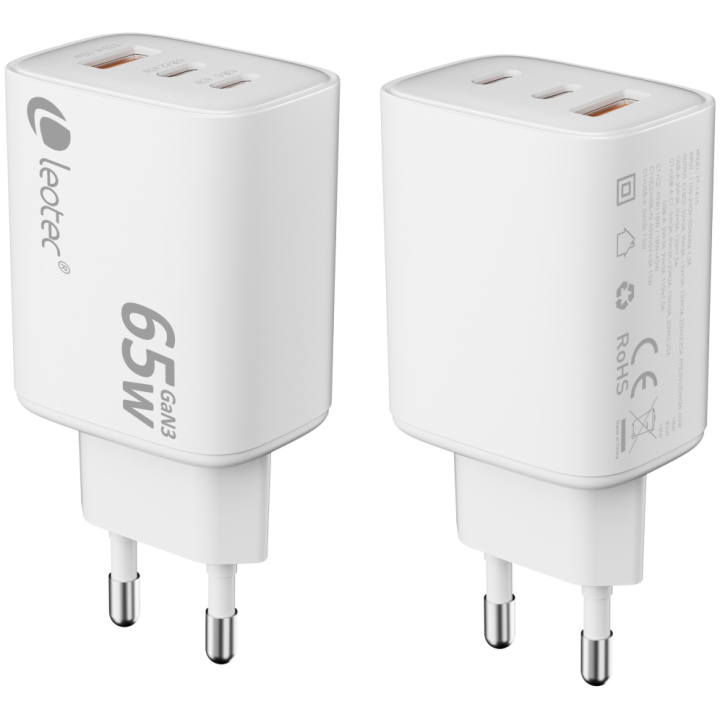 LEOTEC CARGADOR 65W GAN ULTRA SLIM 2 USB C PD+1 USB A BLANCO (APPLE Y SAMSUNG)