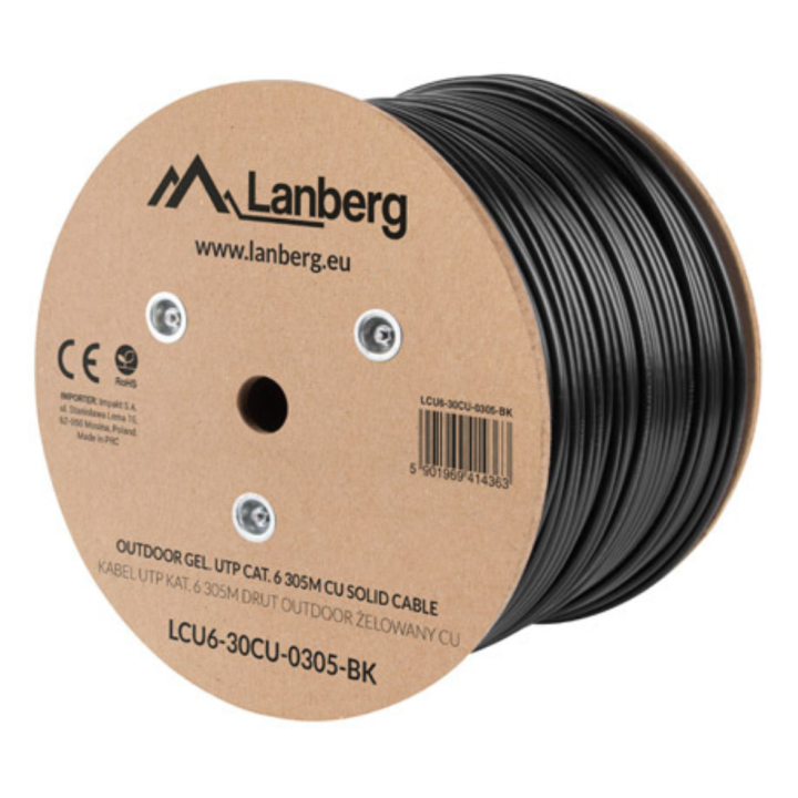 BOBINA CABLE RED LANBERG EXTERIOR UTP RJ45 CAT.6 GEL-FILLED CU AWG24 305M NEGRO