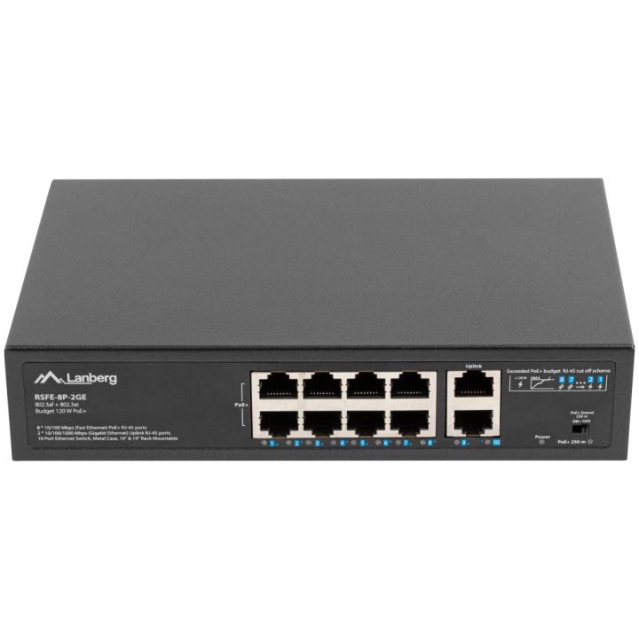 SWITCH LANBERG 10 PTOS 100MB 8xPOE+/2x GBIT ETHER 120W RACK 10"/19"
