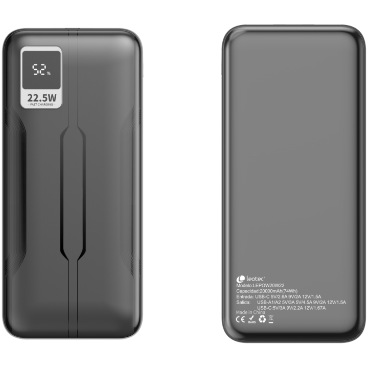 LEOTEC POWERBANK 20000MAH 22,5W PD20W NEG (1 USB-C+2USB-A INC USB-A A USB-C)