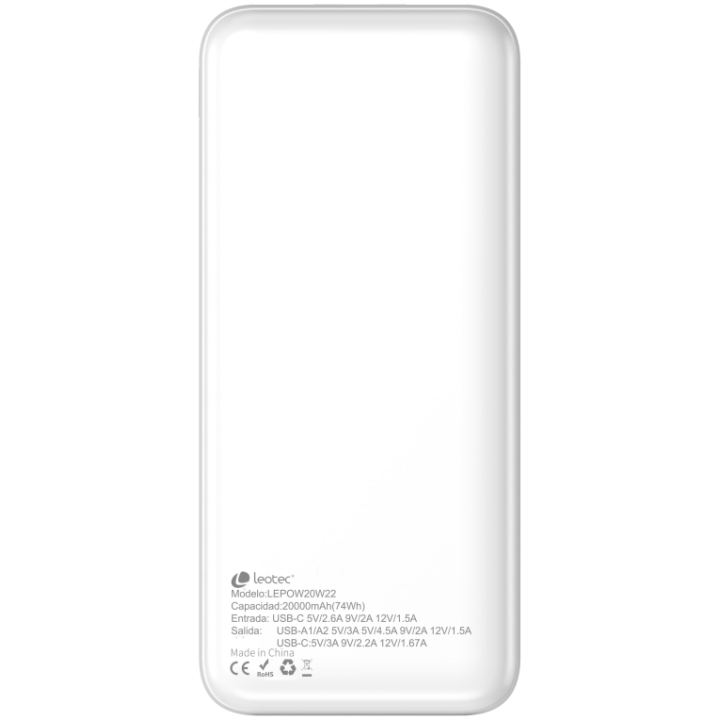 LEOTEC POWERBANK 20000MAH 22,5W PD20W BLAN (1 USB-C+2USB-A INC USB-A A USB-C)