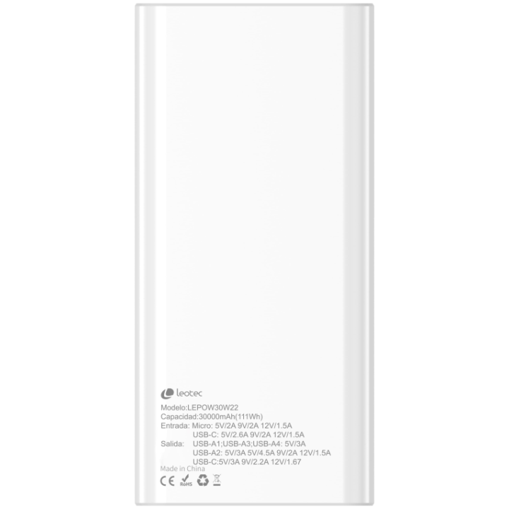 LEOTEC POWERBANK 30000MAH 22,5W PD20W BLAN (1 USB-C+4USB-A INC USB-A A USB-C)