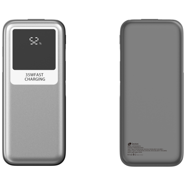 LEOTEC POWERBANK 10000MAH 35W FAST CHRG PLATA 1USB-C+1 CAB RETRACTIL USB-C +1 CAB RETRACTIL LIGHT