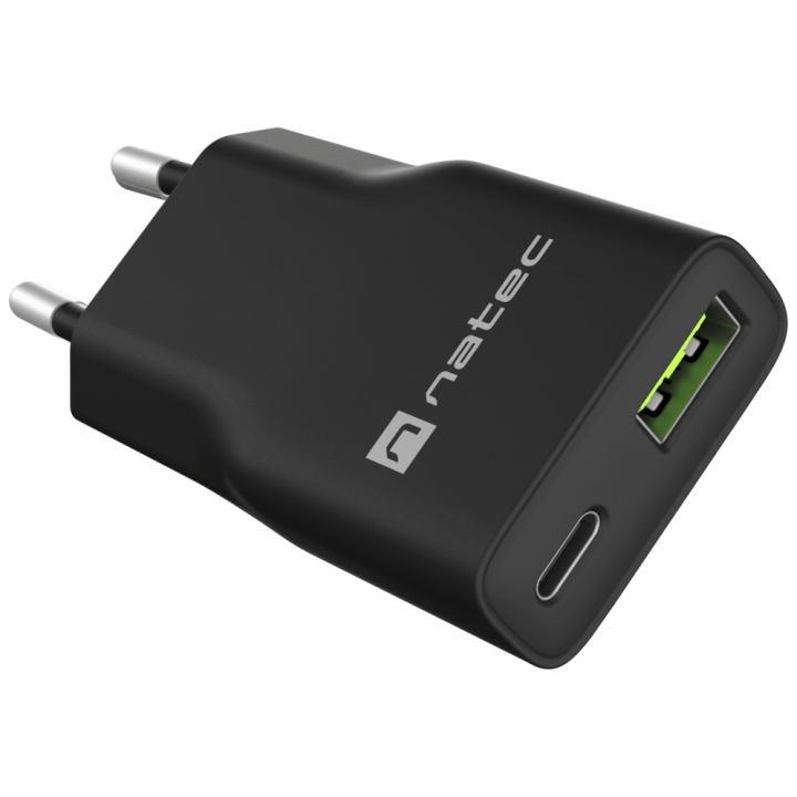 CARGADOR NATEC RIBERA SLIM 20W 1XUSB-A + 1xUSB-C PD3.0 QC3.0 PROTECCION OVP,OCP,SCP Y OTP NEGRO