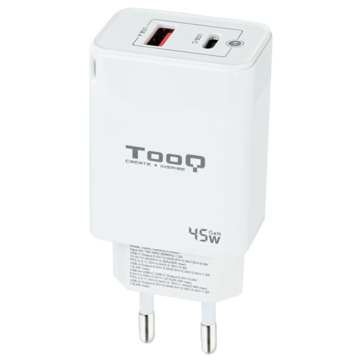 CARGADOR DE PARED TOOQ GAN USB C PD USB-A QC 45W