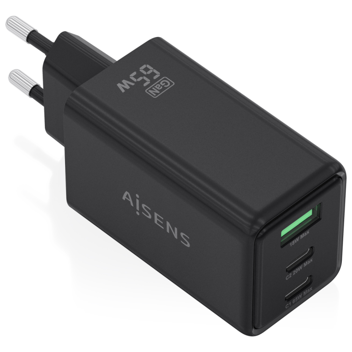CARGADOR AISENS GAN 65W 2XUSB-C PD3.0 QC4.0 1XUSB-A QC3.0 NEGRO
