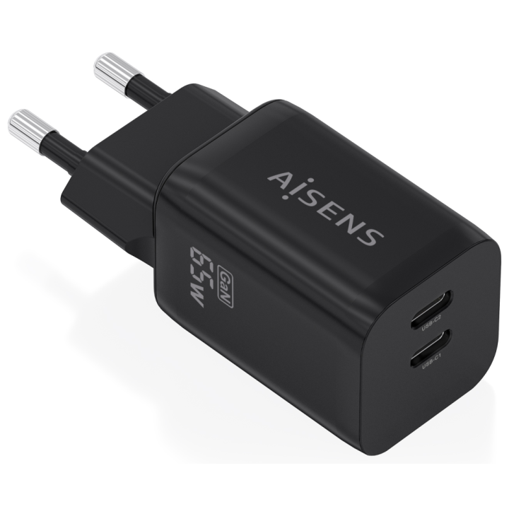 CARGADOR AISENS GaN 65W 2xUSB-C PD3.0 QC4.0 NEGRO